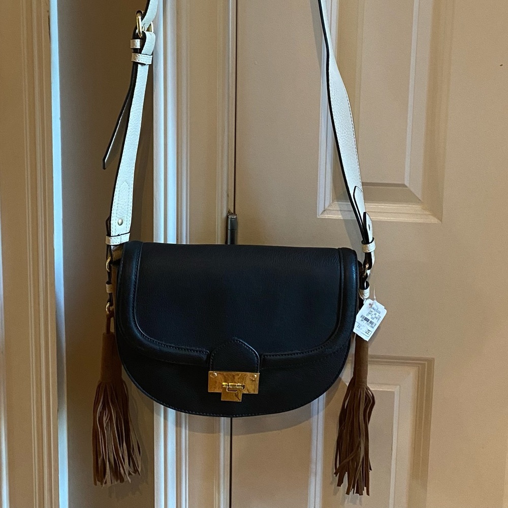 Unique tri-colored Neiman Marcus shoulder bag - black, brown, and cream leather